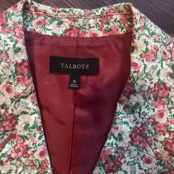 Talbots Blazer Size 16 Floral Pink 3/4 Sleeve Lined Button Front Collar - Picture 8 of 12